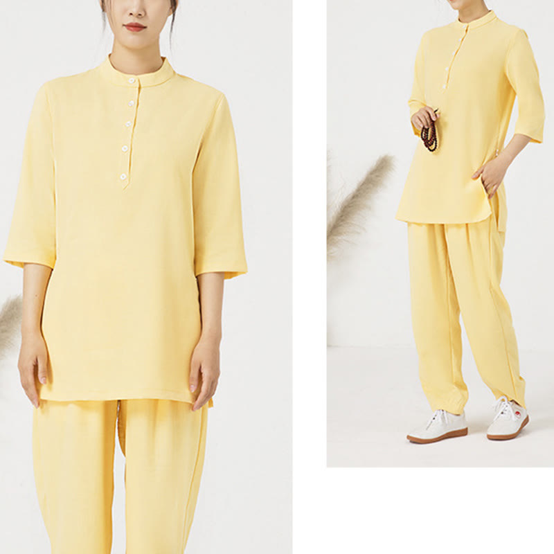 Ensemble 2 pièces en Buddha Stones et lin pour femme, chemise trois-quarts, haut et pantalon, méditation, zen, tai-chi