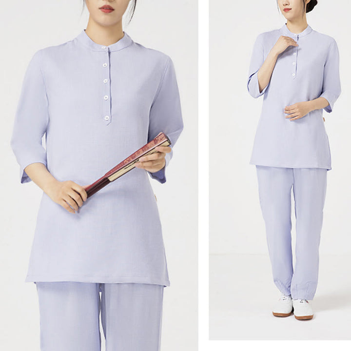 Ensemble 2 pièces en Buddha Stones et lin pour femme, chemise trois-quarts, haut et pantalon, méditation, zen, tai-chi
