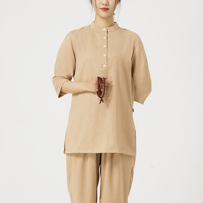 Ensemble 2 pièces en Buddha Stones et lin pour femme, chemise trois-quarts, haut et pantalon, méditation, zen, tai-chi