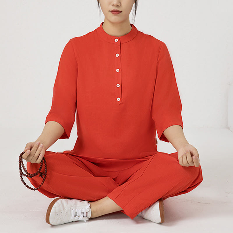Ensemble 2 pièces en Buddha Stones et lin pour femme, chemise trois-quarts, haut et pantalon, méditation, zen, tai-chi