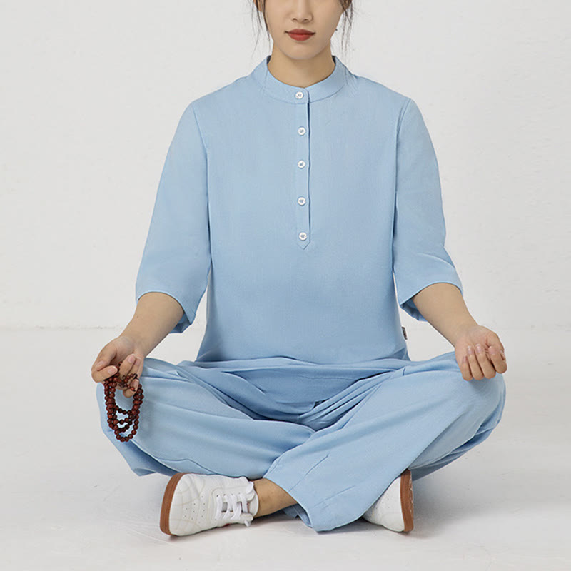 Ensemble 2 pièces en Buddha Stones et lin pour femme, chemise trois-quarts, haut et pantalon, méditation, zen, tai-chi