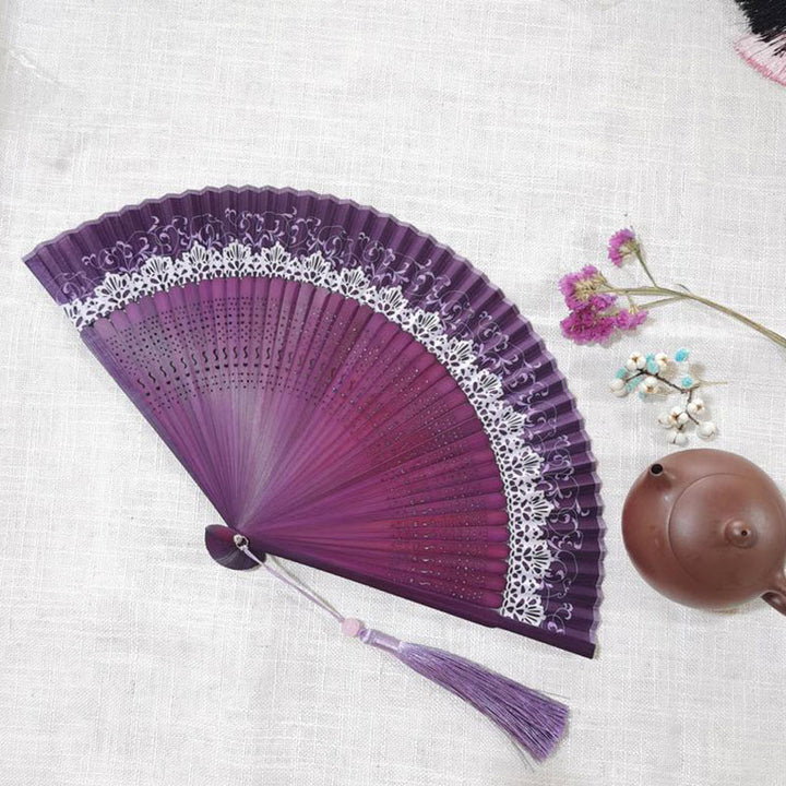 Éventail pliable en bambou à gravure simple et creuse avec Buddha Stones - Violet 22 cm - image 8
