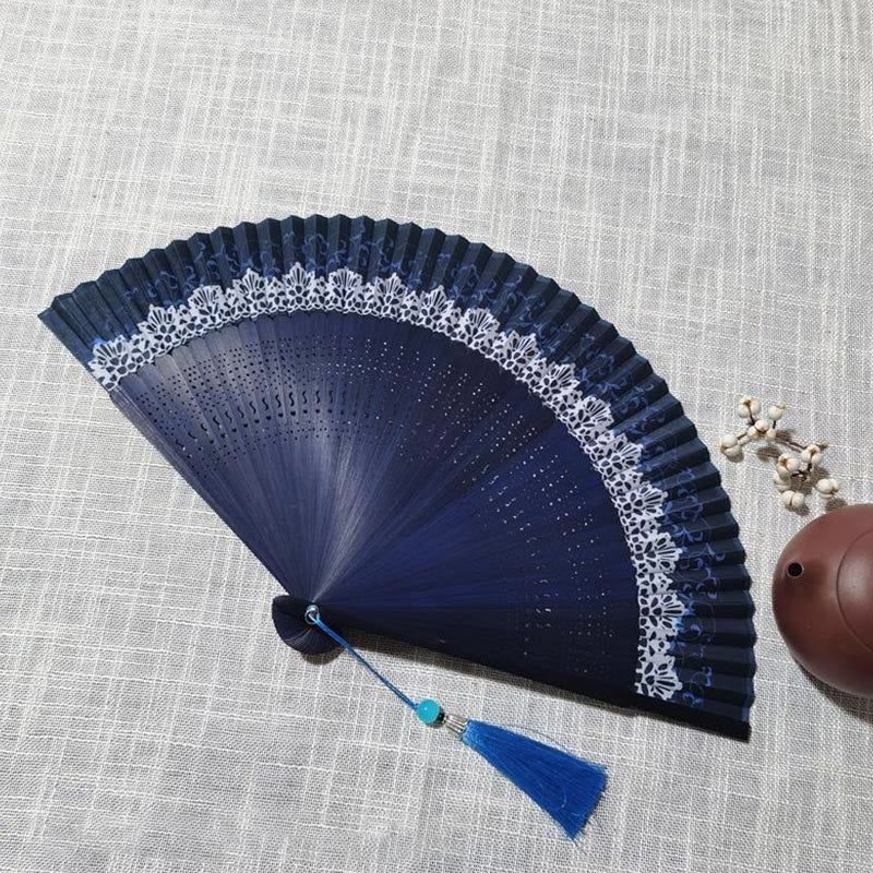Éventail pliable en bambou à gravure simple et creuse avec Buddha Stones - Bleu 22 cm - image 9