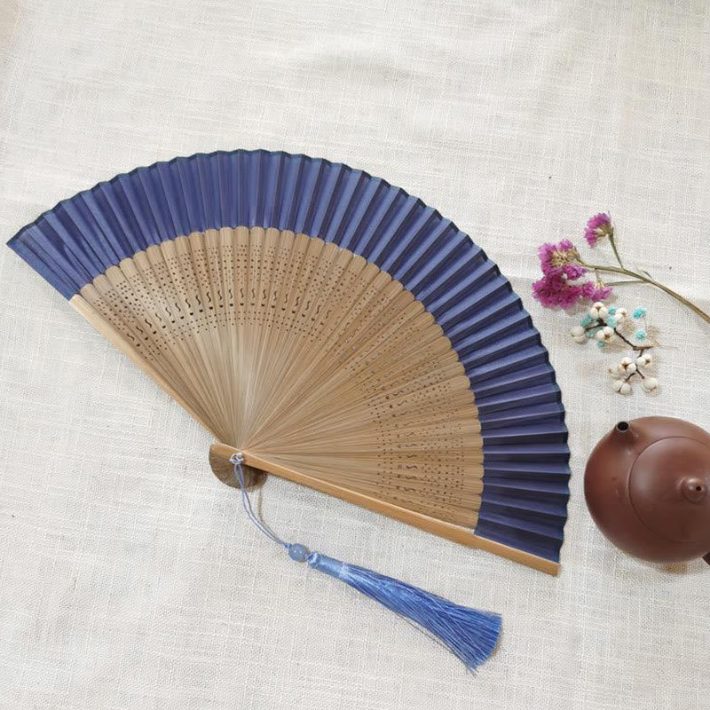 Éventail pliable en bambou à gravure simple et creuse avec Buddha Stones - Bleu beige 22 cm - image 10