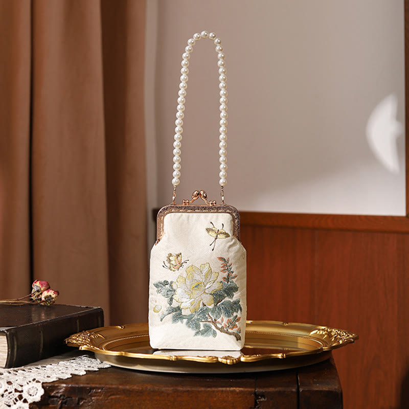 Sac à bandoulière en métal avec perles et petites fleurs et papillons brodés avec Buddha Stones - 14*5*18,5 cm - image 0