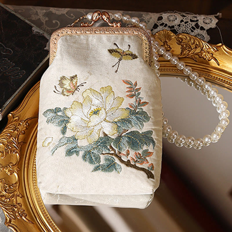 Sac à bandoulière en métal avec perles et petites fleurs et papillons brodés avec Buddha Stones - image 1