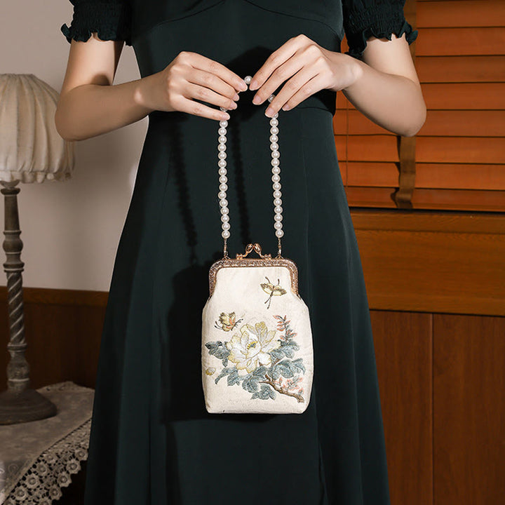 Sac à bandoulière en métal avec perles et petites fleurs et papillons brodés avec Buddha Stones - image 2