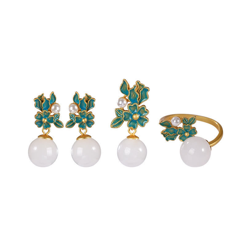Collier pendentif bague boucles d'oreilles en argent sterling 925 Buddha Stones en jade blanc