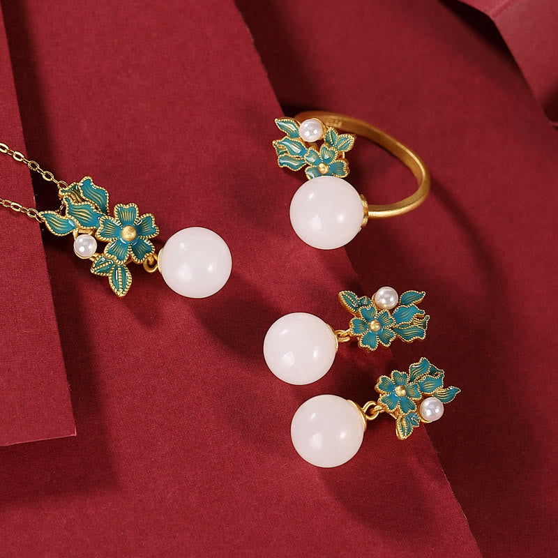 Collier pendentif bague boucles d'oreilles en argent sterling 925 Buddha Stones en jade blanc
