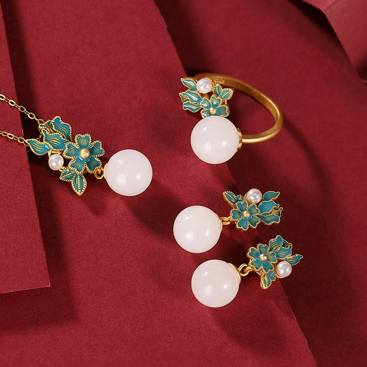 Collier pendentif bague boucles d'oreilles en argent sterling 925 Buddha Stones en jade blanc