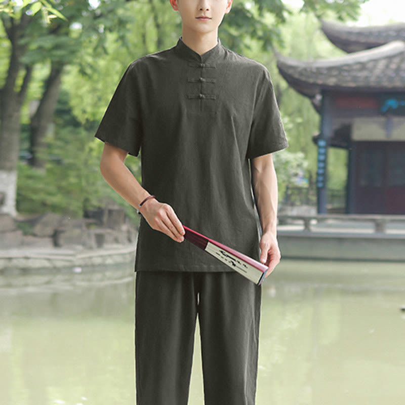Ensemble de vêtements en coton et lin pour homme, 2 pièces, chemise à manches courtes, haut, t-shirt, pantalon, méditation, zen, Tai Chi - Vert foncé (haut seulement) - US/UK/AU48，EU58 (6XL) - image 10