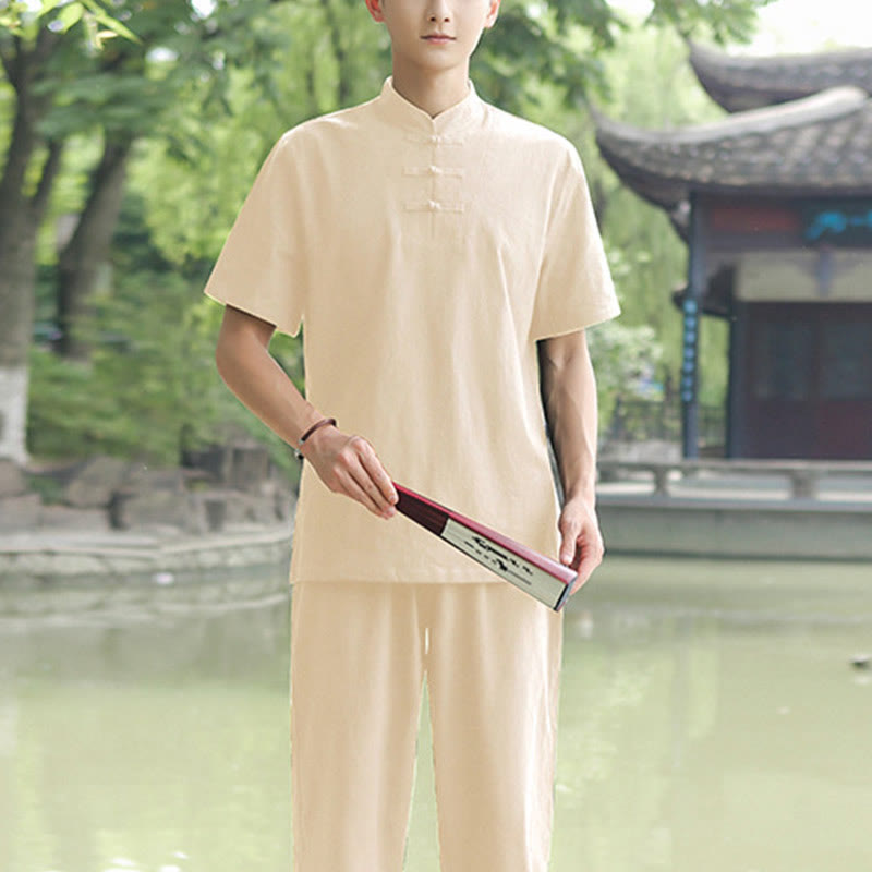 Ensemble de vêtements en coton et lin pour homme, 2 pièces, chemise à manches courtes, haut, t-shirt, pantalon, méditation, zen, Tai Chi - Beige (Haut et pantalon) - US/UK/AU48，EU58 (6XL) - image 8