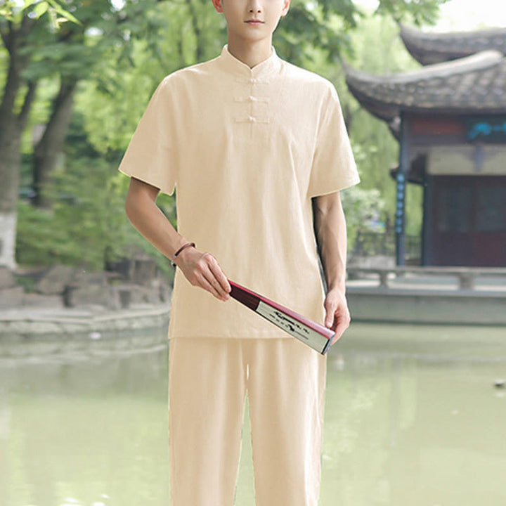 Ensemble de vêtements en coton et lin pour homme, 2 pièces, chemise à manches courtes, haut, t-shirt, pantalon, méditation, zen, Tai Chi - Beige (Haut et pantalon) - US/UK/AU48，EU58 (6XL) - image 8