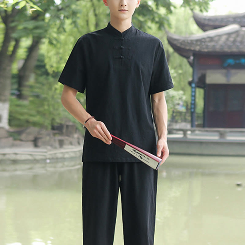 Ensemble de vêtements en coton et lin pour homme, 2 pièces, chemise à manches courtes, haut, t-shirt, pantalon, méditation, zen, Tai Chi - Noir (haut et pantalon) - US/UK/AU48，EU58 (6XL) - image 11