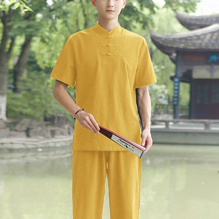 Ensemble de vêtements en coton et lin pour homme, 2 pièces, chemise à manches courtes, haut, t-shirt, pantalon, méditation, zen, Tai Chi - Jaune (Haut et pantalon) - US/UK/AU48，EU58 (6XL) - image 4