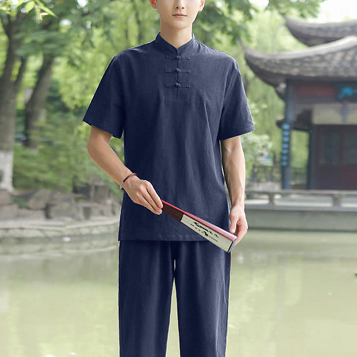 Ensemble de vêtements en coton et lin pour homme, 2 pièces, chemise à manches courtes, haut, t-shirt, pantalon, méditation, zen, Tai Chi - Bleu marine (Haut et pantalon) - US/UK/AU48，EU58 (6XL) - image 2
