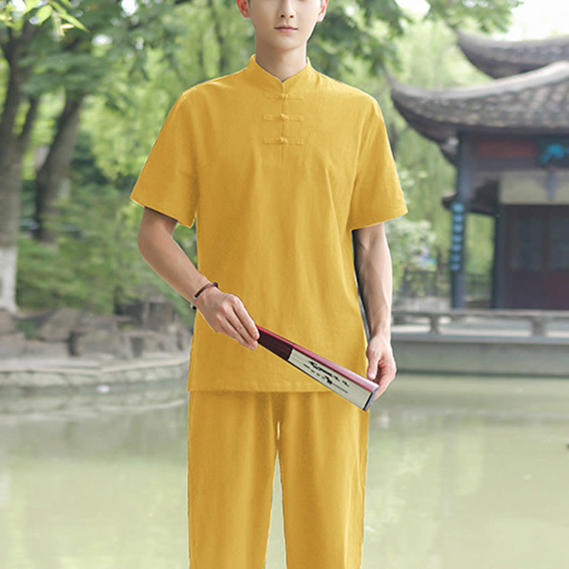 Ensemble de vêtements en coton et lin pour homme, 2 pièces, chemise à manches courtes, haut, t-shirt, pantalon, méditation, zen, Tai Chi - Jaune (haut et pantalon) - US/UK/AU48，EU58 (6XL) - image 4