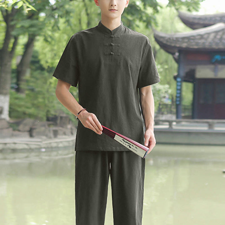 Ensemble de vêtements en coton et lin pour homme, 2 pièces, chemise à manches courtes, haut, t-shirt, pantalon, méditation, zen, Tai Chi - Vert foncé (partie supérieure uniquement) - US/UK/AU48，EU58 (6XL) - image 10