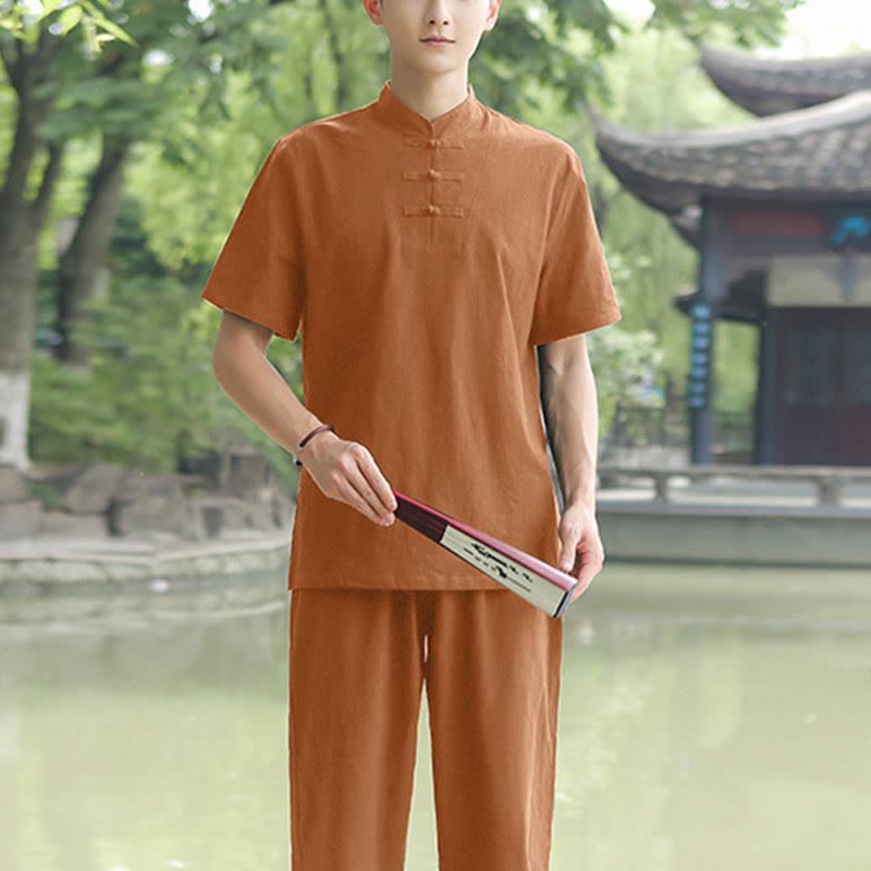 Ensemble de vêtements en coton et lin pour homme, 2 pièces, chemise à manches courtes, haut, t-shirt, pantalon, méditation, zen, Tai Chi - Sandybrown (Haut et pantalon) - US/UK/AU48，EU58 (6XL) - image 3
