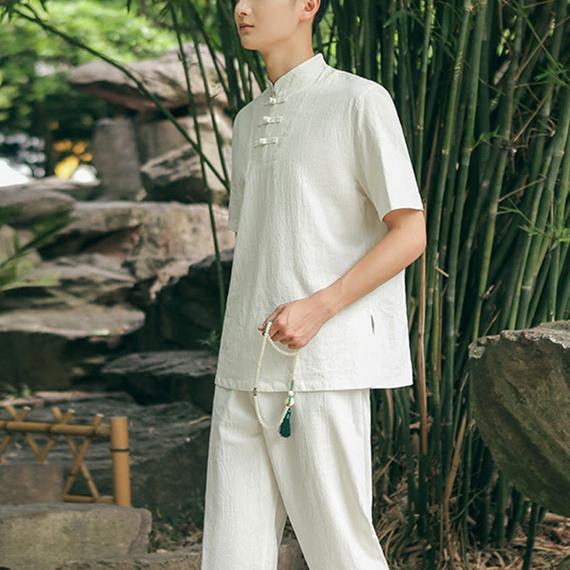 Ensemble de vêtements en coton et lin pour homme, 2 pièces, chemise à manches courtes, haut, t-shirt, pantalon, méditation, zen, Tai Chi - image 1
