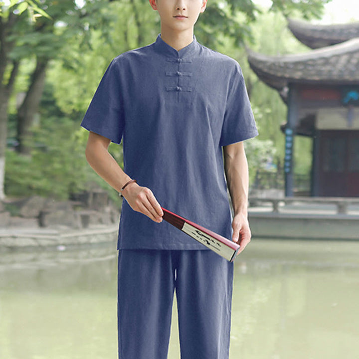 Ensemble de vêtements en coton et lin pour homme, 2 pièces, chemise à manches courtes, haut, t-shirt, pantalon, méditation, zen, Tai Chi - Bleu (Haut et pantalon) - US/UK/AU48，EU58 (6XL) - image 5