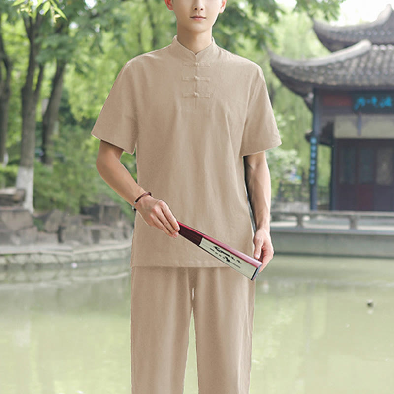 Ensemble de vêtements en coton et lin pour homme, 2 pièces, chemise à manches courtes, haut, t-shirt, pantalon, méditation, zen, Tai Chi - Kaki (Haut et pantalon) - US/UK/AU48，EU58 (6XL) - image 7