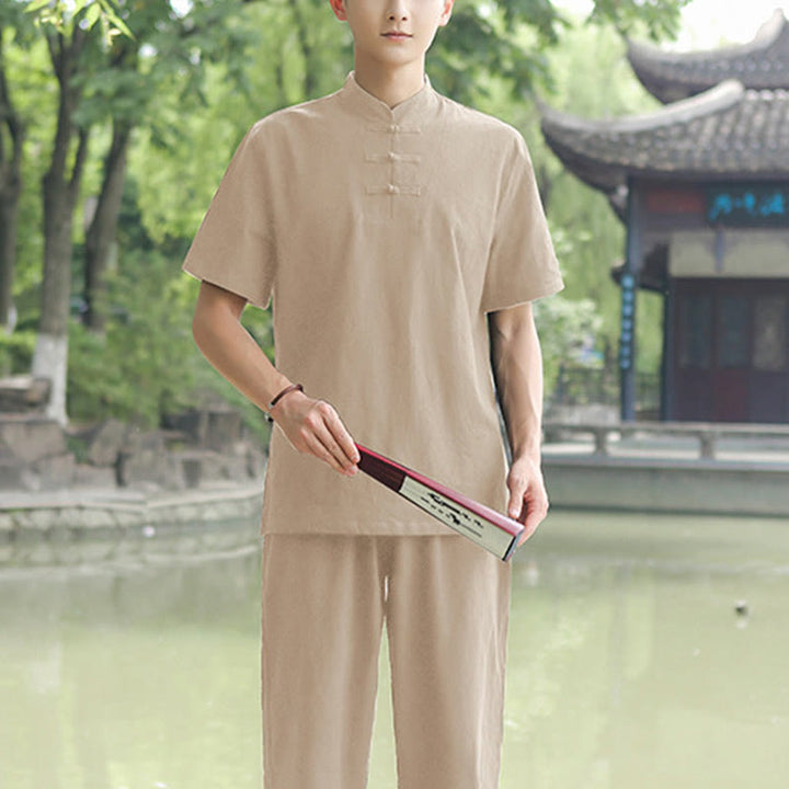 Ensemble de vêtements en coton et lin pour homme, 2 pièces, chemise à manches courtes, haut, t-shirt, pantalon, méditation, zen, Tai Chi - Kaki (Haut et pantalon) - US/UK/AU48，EU58 (6XL) - image 7