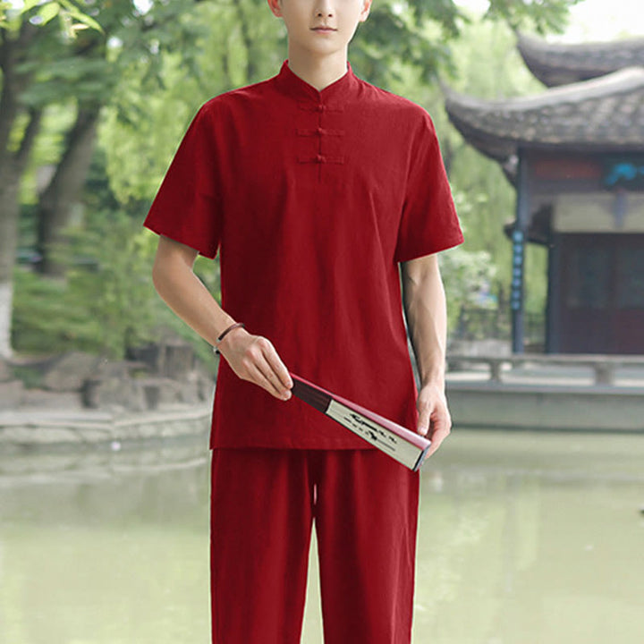 Ensemble de vêtements en coton et lin pour homme, 2 pièces, chemise à manches courtes, haut, t-shirt, pantalon, méditation, zen, Tai Chi - Vin rouge (haut seulement) - US/UK/AU48，EU58 (6XL) - image 9