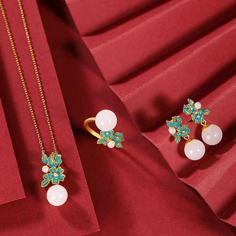 Collier pendentif bague boucles d'oreilles en argent sterling 925 Buddha Stones en jade blanc