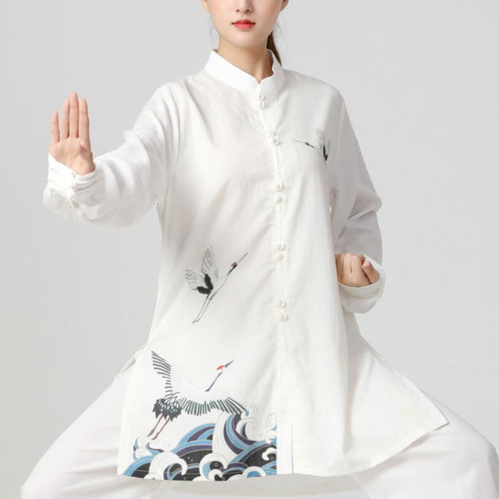 Ensemble de vêtements de pratique du Qigong, du Tai Chi et du Zen spirituel en coton et lin avec Buddha Stones et grue blanche - Ensemble 2 pièces (haut et pantalon) - US8-10，UK/AU12-14，EU40-42 (2XL) - image 0