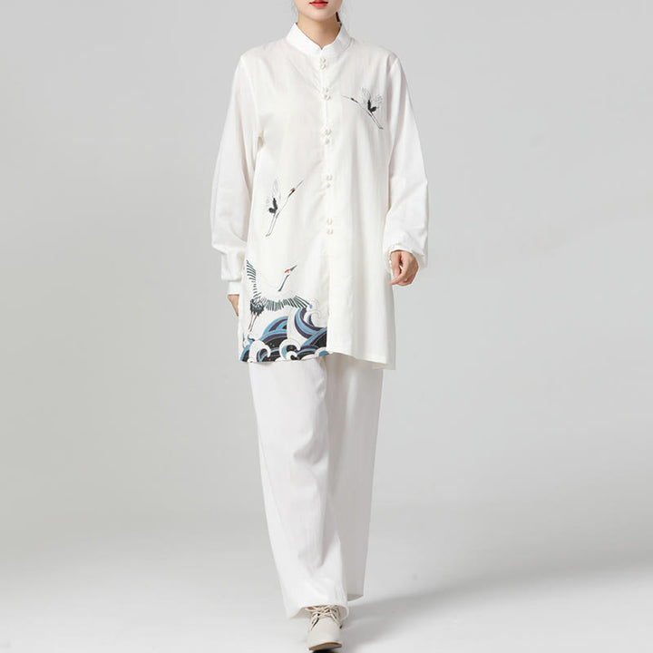 Ensemble de vêtements de pratique du Qigong, du Tai Chi et du Zen spirituel en coton et lin avec Buddha Stones et grue blanche
