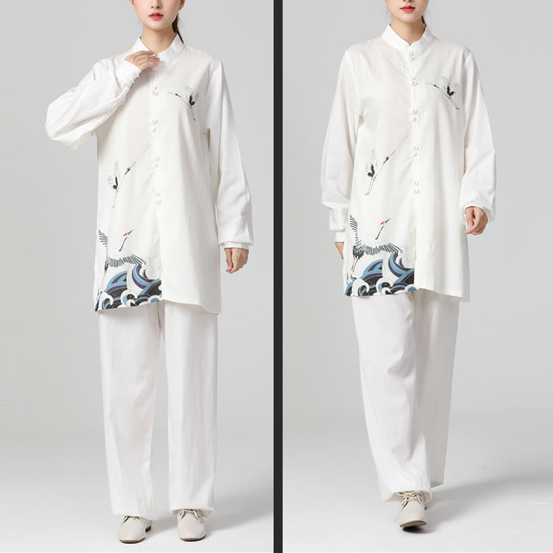 Ensemble de vêtements de pratique du Qigong, du Tai Chi et du Zen spirituel en coton et lin avec Buddha Stones et grue blanche