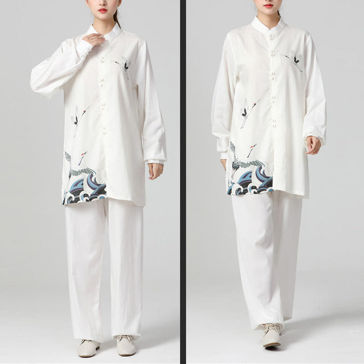 Ensemble de vêtements de pratique du Qigong, du Tai Chi et du Zen spirituel en coton et lin avec Buddha Stones et grue blanche