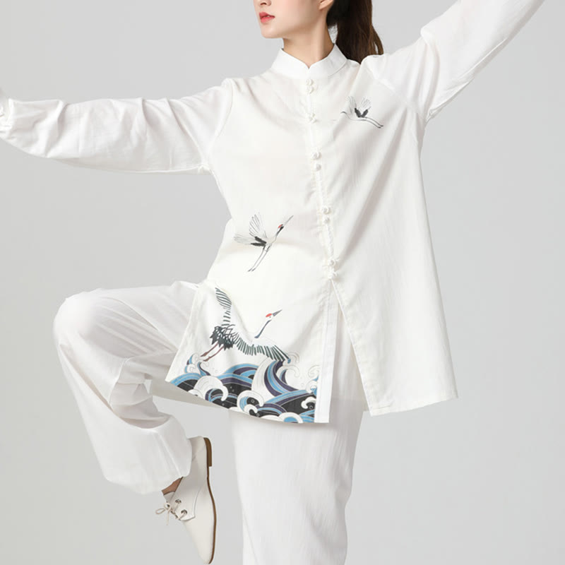 Ensemble de vêtements de pratique du Qigong, du Tai Chi et du Zen spirituel en coton et lin avec Buddha Stones et grue blanche