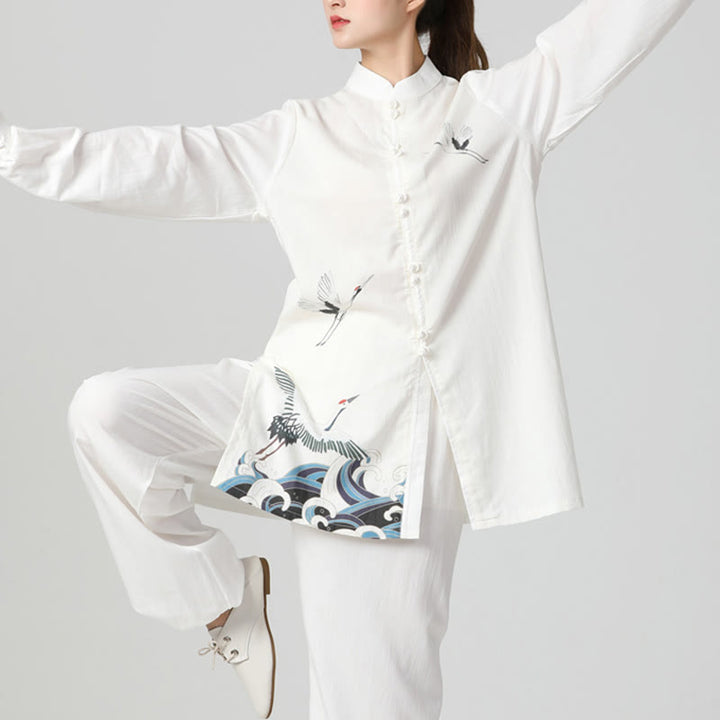 Ensemble de vêtements de pratique du Qigong, du Tai Chi et du Zen spirituel en coton et lin avec Buddha Stones et grue blanche