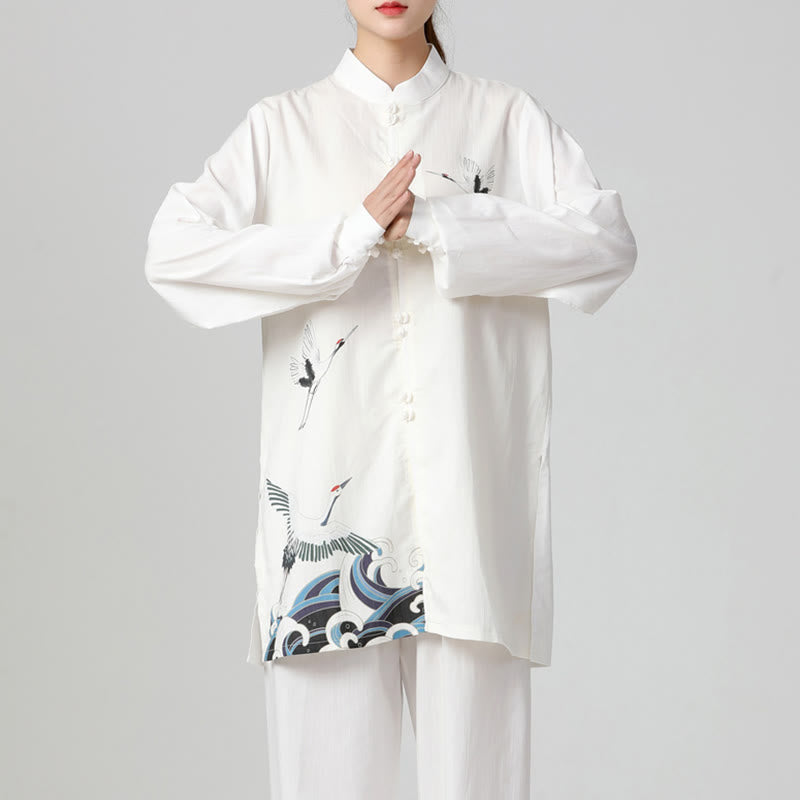 Ensemble de vêtements de pratique du Qigong, du Tai Chi et du Zen spirituel en coton et lin avec Buddha Stones et grue blanche