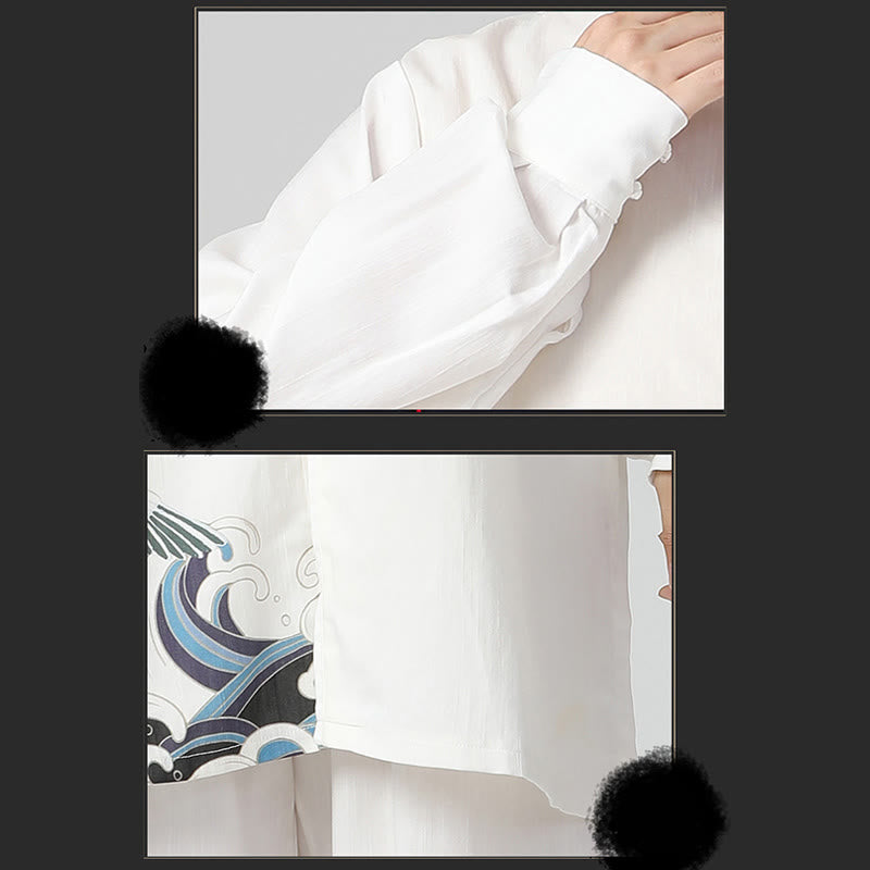 Ensemble de vêtements de pratique du Qigong, du Tai Chi et du Zen spirituel en coton et lin avec Buddha Stones et grue blanche