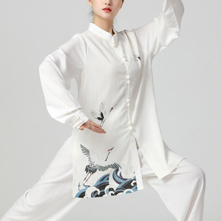 Ensemble de vêtements de pratique du Qigong, du Tai Chi et du Zen spirituel en coton et lin avec Buddha Stones et grue blanche