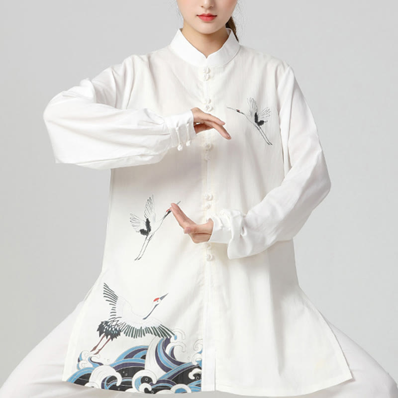 Ensemble de vêtements de pratique du Qigong, du Tai Chi et du Zen spirituel en coton et lin avec Buddha Stones et grue blanche - Haut blanc - US8-10，UK/AU12-14，EU40-42 (2XL) - image 8