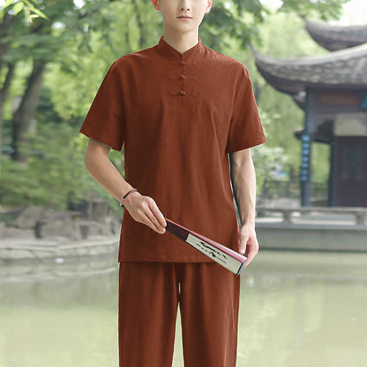Ensemble de vêtements en coton et lin pour homme, 2 pièces, chemise à manches courtes, haut, t-shirt, pantalon, méditation, zen, Tai Chi - Marron (haut et pantalon) - US/UK/AU48，EU58 (6XL) - image 6