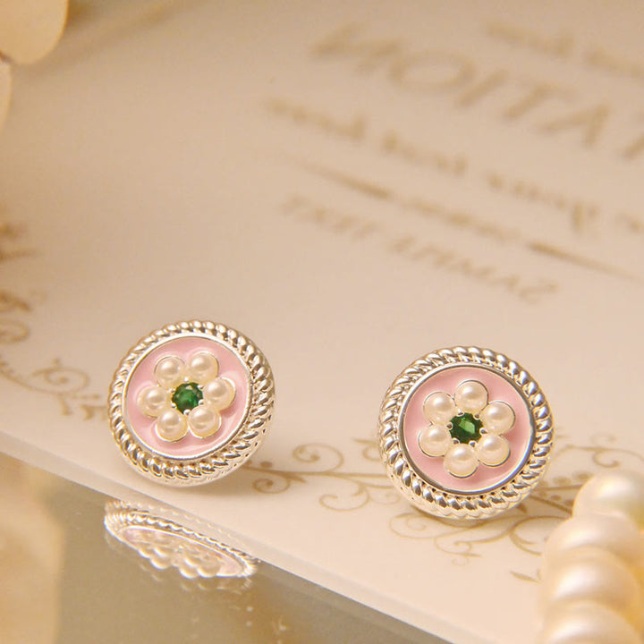 Boucles d'oreilles porte-bonheur en forme de fleur en émail avec Buddha Stones - Rose - image 3