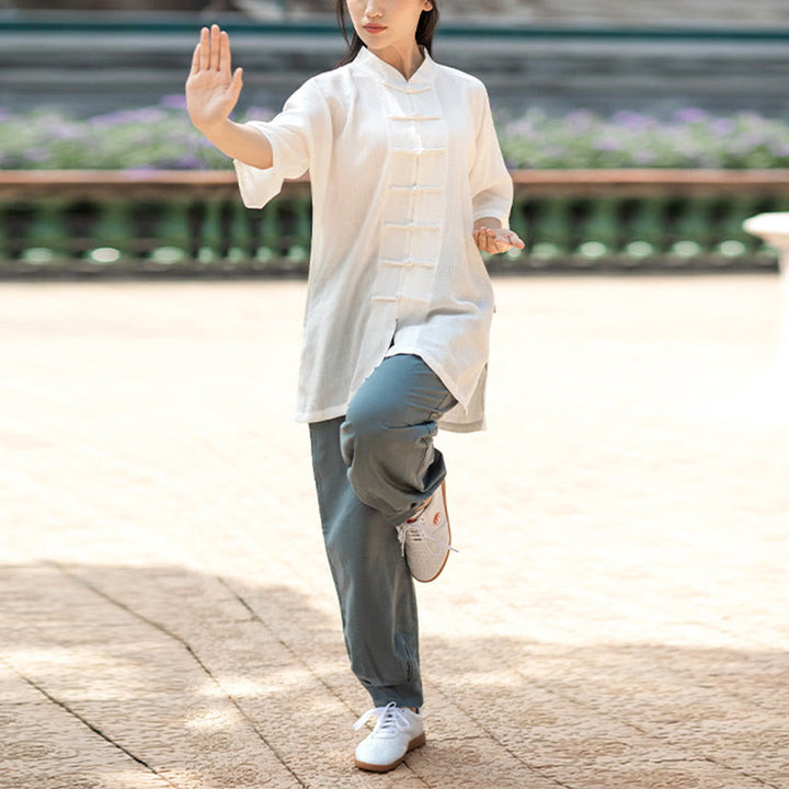 Ensemble de vêtements unisexe avec boutons en forme de grenouille et Buddha Stones, couleur unie, méditation, prière, spirituel, zen, tai-chi, qigong