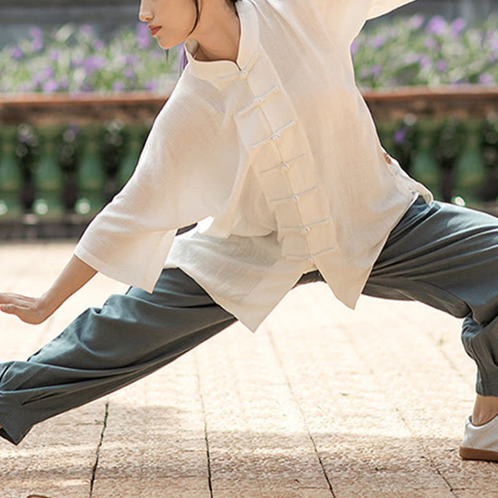 Ensemble de vêtements unisexe avec boutons en forme de grenouille et Buddha Stones, couleur unie, méditation, prière, spirituel, zen, tai-chi, qigong