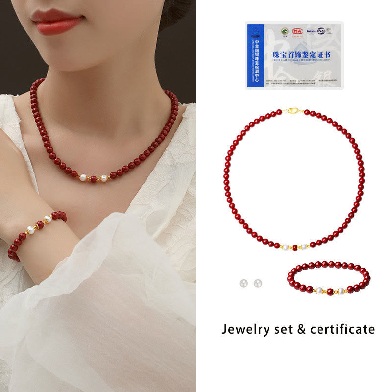 Ensemble de bijoux Buddha Stones, pendentif, bracelet et boucles d'oreilles en argent sterling 925 et perles de cinabre naturelles