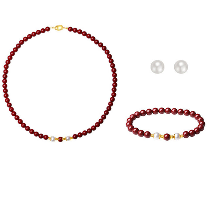 Ensemble de bijoux Buddha Stones, pendentif, bracelet et boucles d'oreilles en argent sterling 925 et perles de cinabre naturelles