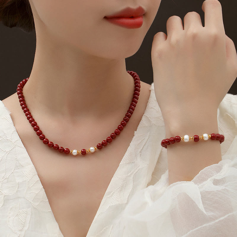 Ensemble de bijoux Buddha Stones, pendentif, bracelet et boucles d'oreilles en argent sterling 925 et perles de cinabre naturelles