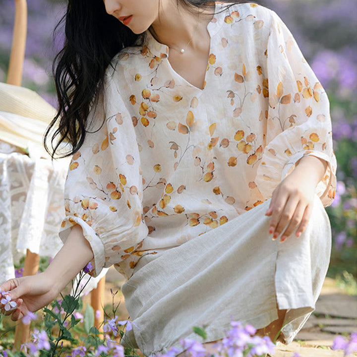 T-shirt ample à manches lanternes avec motif de fruits et de Buddha Stones