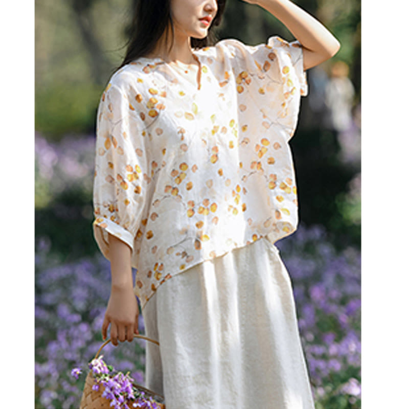 T-shirt ample à manches lanternes avec motif de fruits et de Buddha Stones
