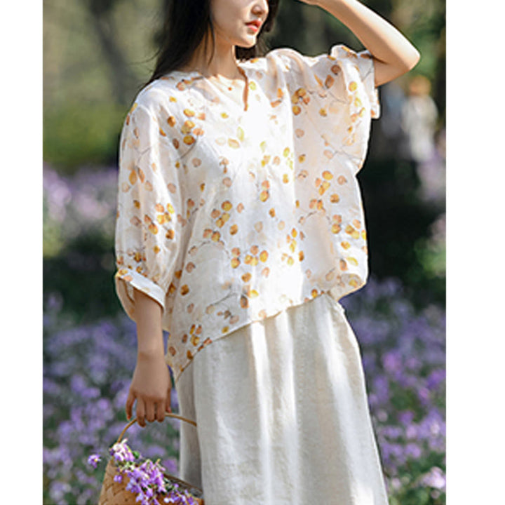 T-shirt ample à manches lanternes avec motif de fruits et de Buddha Stones
