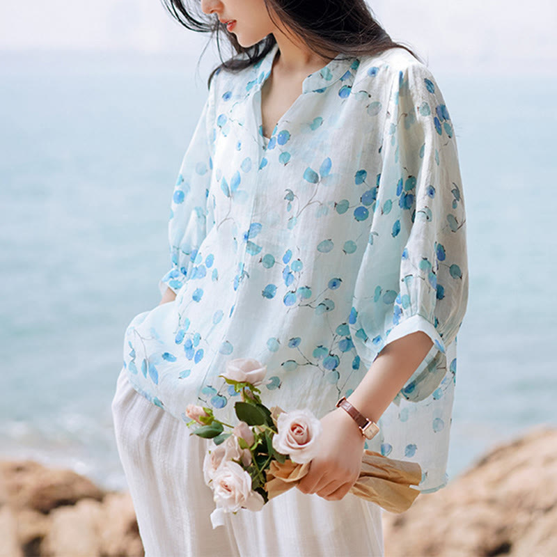 T-shirt ample à manches lanternes avec motif de fruits et de Buddha Stones - Bleu (buste 130 cm / épaules 37 cm / longueur 58-66 cm) (haut uniquement) - image 0